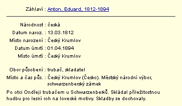 Ze záznamu v databázi regionálních osobností Městské knihovny v Českém Krumlově se jménem Eduarda Antona (1812-1894)
 je patrno, že se povolání schwarzenberského hudebníka dědilo z otce na syna