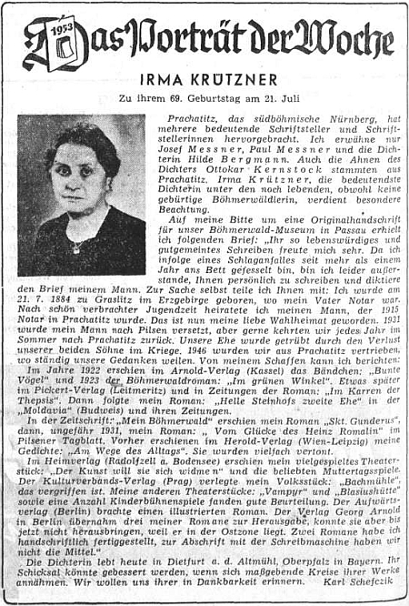 Karl Schefczik je autorem medailonu, který ústřední list vyhnaných krajanů uveřejnil k autorčiným devětašedesátým narozeninám