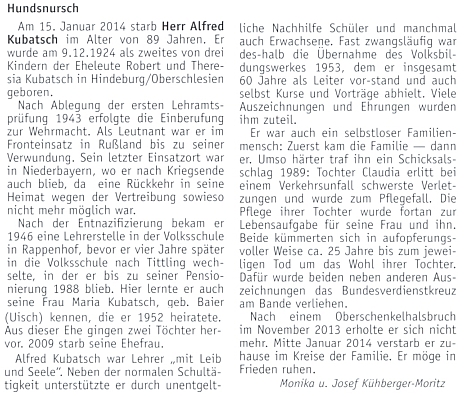 Nekrolog jejího muže, rodáka ze dnes polského města Zabrze (dříve Hindenburg), na stránkách krajanského měsíčníku