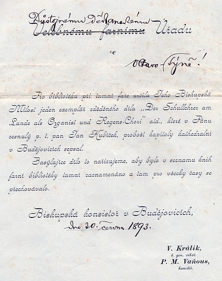 Dopis budějovické biskupské konzistoře z roku 1893, přiložený k zásilce jeho knihy, v tomto případě vltavotýnskému děkanství