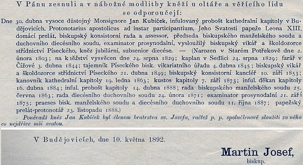 Obsáhlá zpráva o jeho úmrtí v biskupském diecézním věstníku