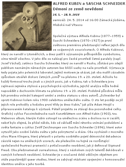 Anotace výstavy Alfred Kubin a Sascha Schneider: Démoni ze země nevědomí, kterou v roce 2014 uspořádala Alšova jihočeská galerie