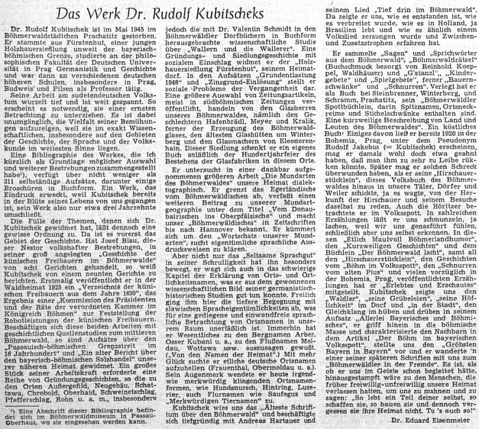 K 10. výročí jeho úmrtí uveřejnil ústřední list vyhnaných krajanů v roce 1955 tuto obsažnou stať Eduarda Eisenmeiera o Kubitschekově díle