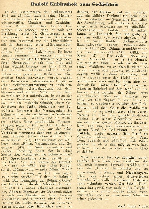 Pět let po jeho smrti se objevil v krajanském měsíčníku tento opožděný nekrolog, který napsal Karl Franz Leppa