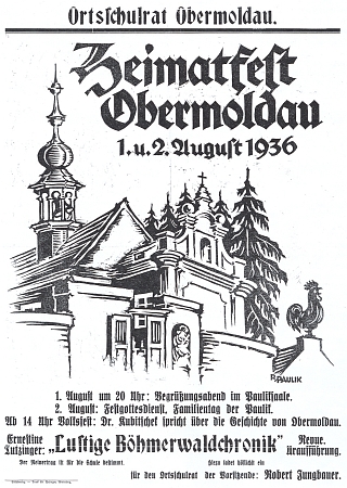 Plakát "domovské slavnosti" v Horní Vltavici v srpnu 1936, kterou organizoval ve zdejším hostinci u Pauliků (matka byla roz. Pauliková) a kde zazněla i píseň o "mužích z Knížecích Plání", která je součástí jeho exlibris