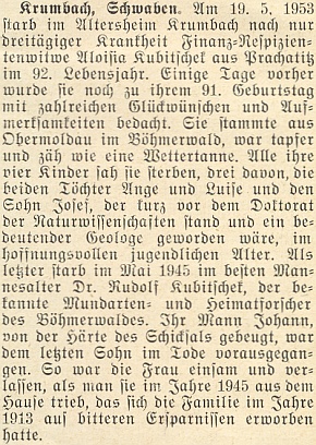 Nepodepsaný nekrolog jeho maminky, která musila přežít všechny své čtyři děti, na stránkách krajanského měsíčníku v roce 1953