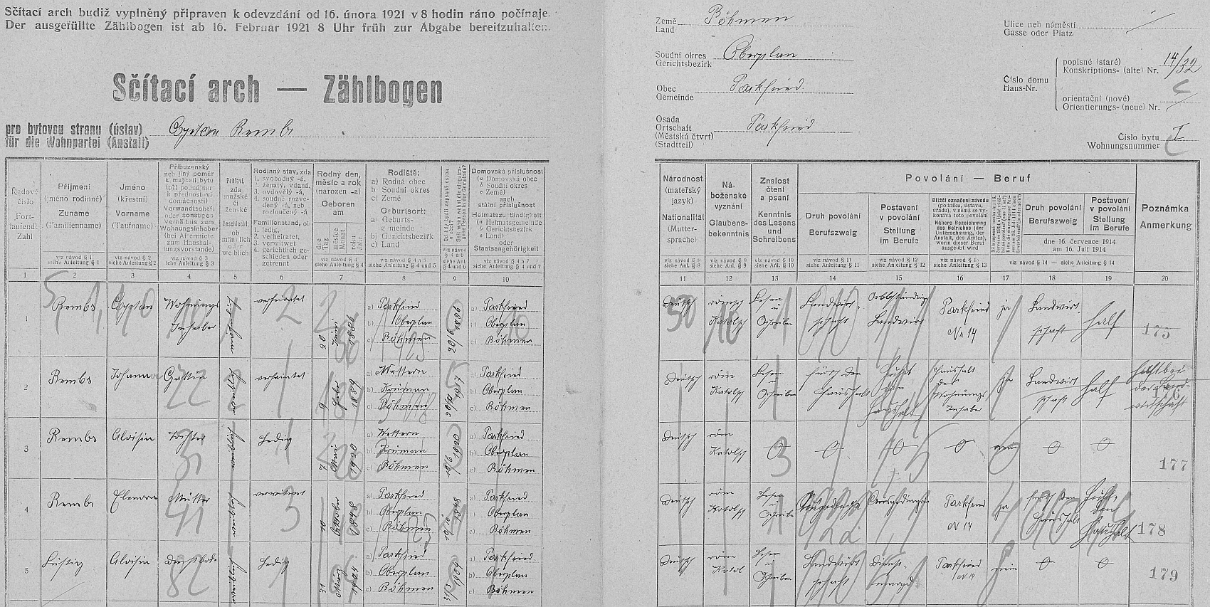 Arch sčítání lidu z roku 1921 pro stavení čp. 14 v Bělé (Parkfried), stvrzující datum i místo jejího narození, tj. 7. května roku 1920 v Němčí (Niemsching) u Větřní (Wettern) 