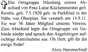 Zpráva o jejím úmrtí s chybně uvedeným místem narození v Bělé místo v Němčí, přestože při přáních k narozeninách v témže časopisu bylo Němčí uváděno správně