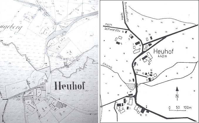 Sruby na mapě stabilního katastru z roku 1838 a na plánku, zachycujícím stav k roku 1945
- čp. 2 uprostřed na něm, to je rodný dům maminčin