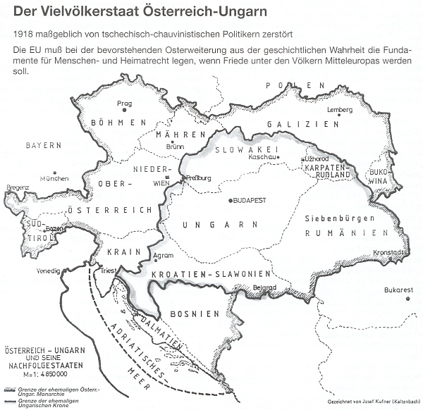 Mnohonárodnostní stát Rakousko-Uhersko na jím nakreslené mapě s hrdým označením "kaltenbašského" vlastního původu