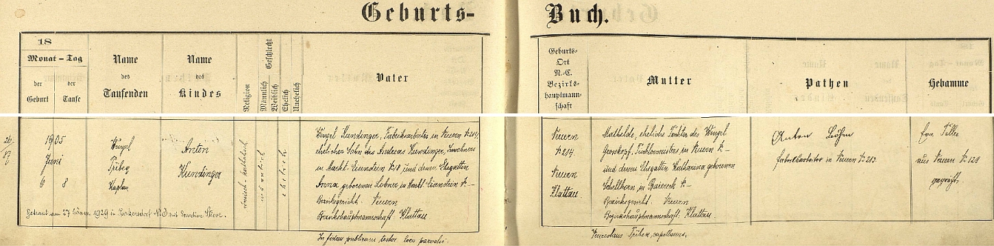 Podle tohoto záznamu v nýrské křestní matrice ho kaplan Wenzel Příbek 4 dny po narození, tj. dne 8. července 1905, pokřtil jménem Anton -
novorozencův otec Wenzel Kundinger, tovární dělník v Nýrsku, bytem v rodném domě chlapcově čp. 214, byl synem Andrease Kundingera a jeho ženy
Anny, roz. Lobnerové ze Železné Rudy (Markt Eisenstein), matka novorozencova Mathilde byla dcerou nýrského truhláře Wenzela Großkopfa a Kathariny, roz. Schellhornové z Pajreku (Baiereck) u Nýrska, po jako kmotru podepsaném zde nýrském továrním dělníkovi Antonu Böhmovi, sousedu Kundingerových z domu čp. 213, dostal pak zřejmě chlapec i své křestní jméno - pozdější přípis nás ještě zpravuje o svatbě Antona Kundingera s Ernestine Stieveovou dne 27. ledna roku 1929 v dolnorakouském městě Purkersdorf ve Vídeňském lese