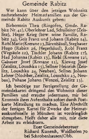 Jeho text z roku 1954, jehoš překlad je naší prezentací toho, jak se po odsunu tvořily krajanské "obecní kartotéky"