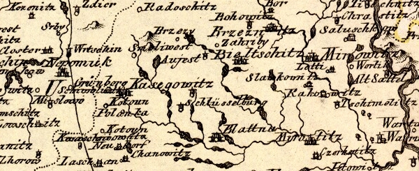 Rodné Lnáře (Schlüsselburg), jak jejich polohu zachytila mapa z 18. století