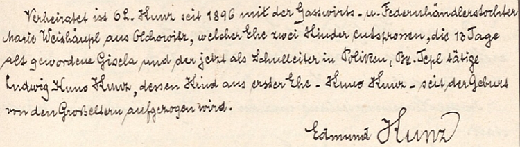 Závěr životopisného zápisu ve školní kronice s podpisem