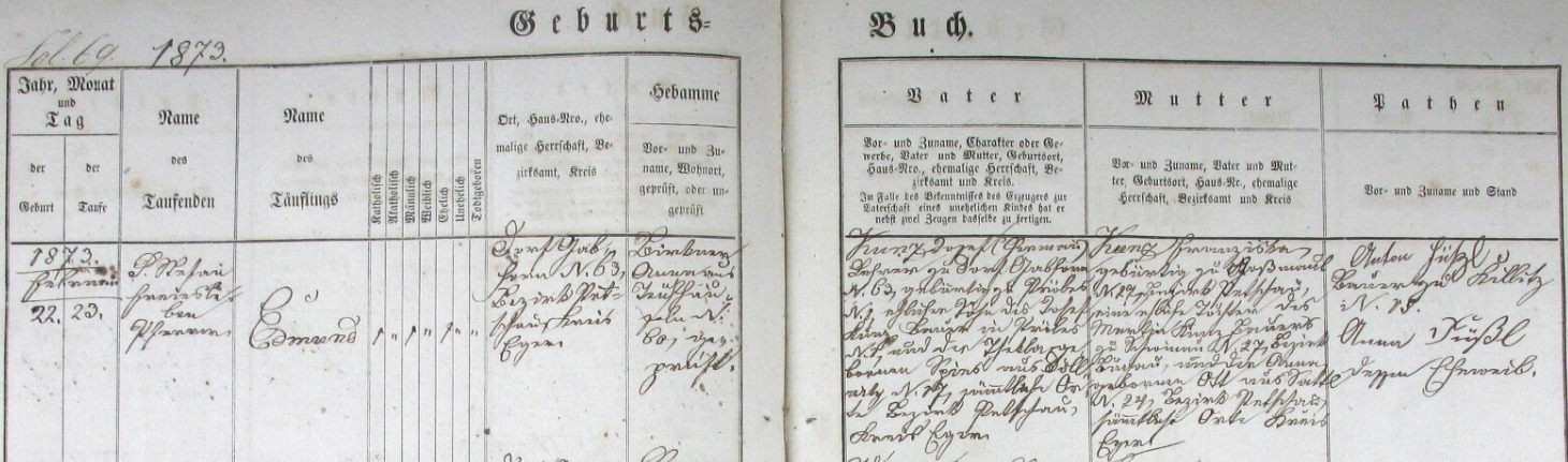 Záznam o jeho narození v křestní matrice obce Javorná