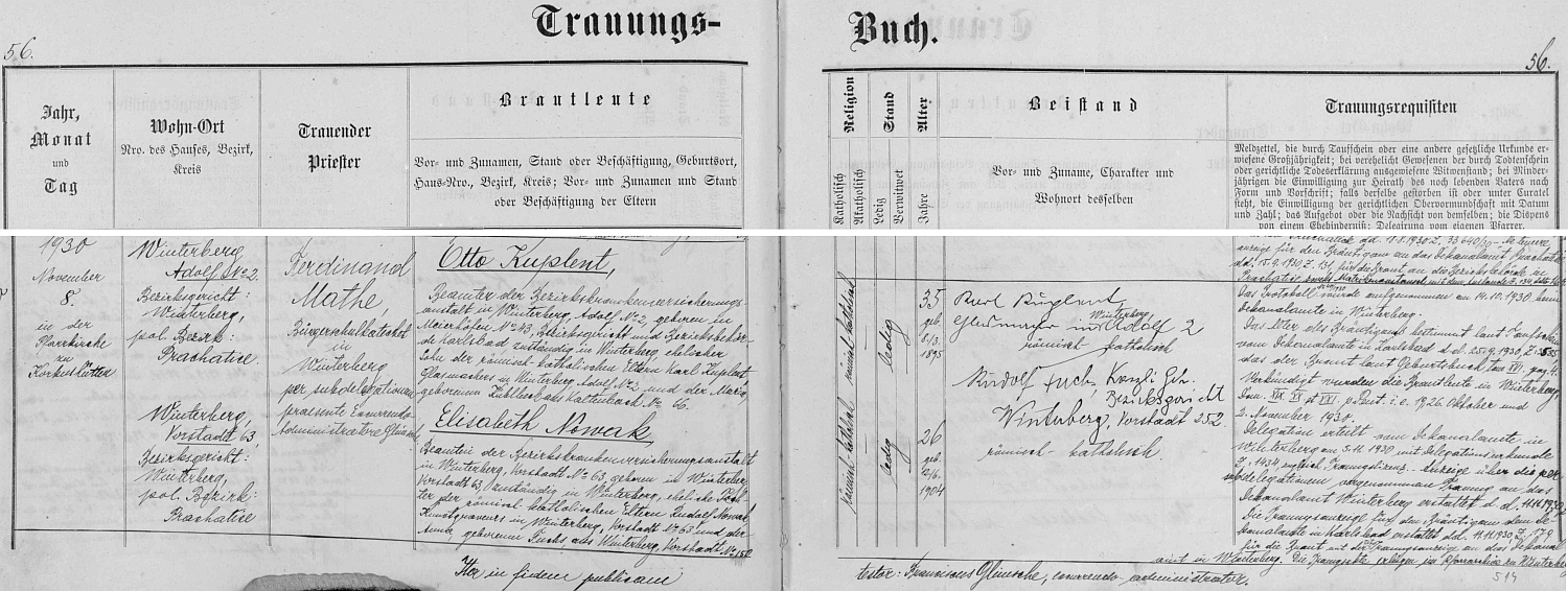 Záznam oddací matriky farní obce Korkusova Huť o jeho svatbě - kromě jména oodávajícího Ferdinanda Mathe vidíme i kontrolní podpis Franze Glimscheho