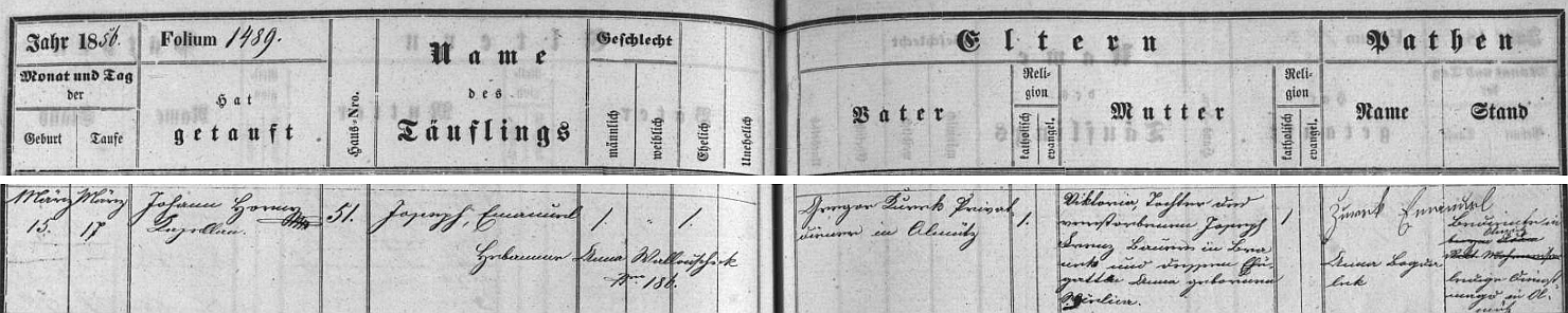 Záznam o jeho narození v Olomouci