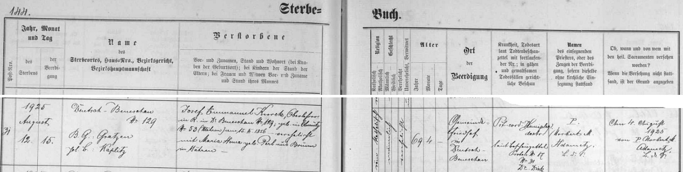 Záznam o úmrtí v knize zemřelých farní obce Německý Benešov