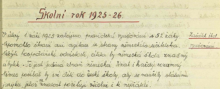 Zápis ve školní kronice české školy v Benešově nad Černou ze září 1925, tedy pár týdnů po jeho smrti, ilustruje vztahy mezi Čech a Němci ve městě i v relativně klidném mezidobí rozkvětu republiky před hospodářskou krizí a nástupem nacizmu v Německu - příznačné ovšem je české vyučování mohlo probíhat ve třídách, které Čechům poskytovala škola německá