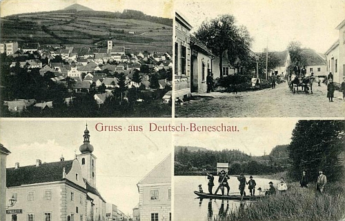 Stará škola v Benešově nad Černou je tu zachycena před kostelem na dvou pohlednicích - v době jejich pořízení už ale v budově sídlila místní spořitelna