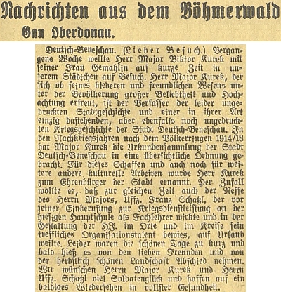 Zpráva o jeho návštěvě v rodném městečku někdy na podzim roku 1943 se zmínkou o Kurekově synovci
  Franzi Schatzlovi, zastoupeném i samostatně na stránkách Kohoutího kříže