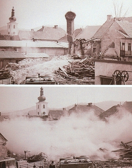 Odstřel pivovarského komína v Benešově nad Černou za komunistického režimu