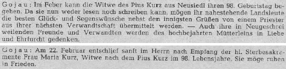 Krajanský časopis přinesl v únoru 1959 přání k jejím 98. narozeninám a v květnu zprávu o jejím únorovém skonu - věk i jméno manžela souhlasí, datum narození nikoli