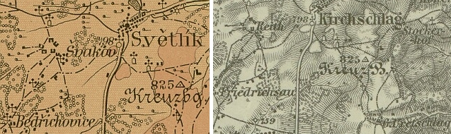 Rodný Bedřichov (byl používán i český název Bedřichovice) na výřezech z české a německé mapy z počátku 20. století...