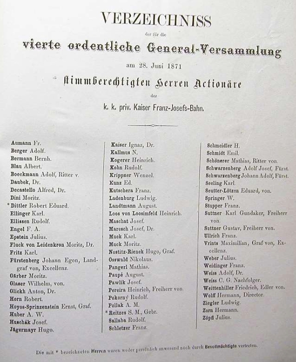 Seznam účastníků valné hromady akcionářů Dráhy císaře Františka Josefa v roce 1871 i s ním
