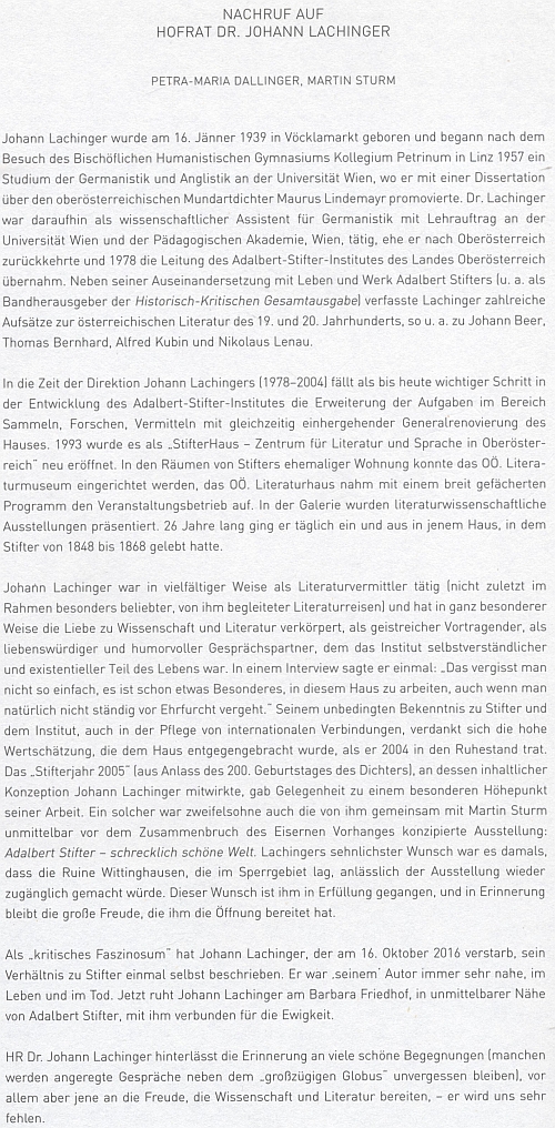 Nekrolog s Lachingerovým životopisem na stránkách ročenky lineckého Institutu Adalberta Stiftera