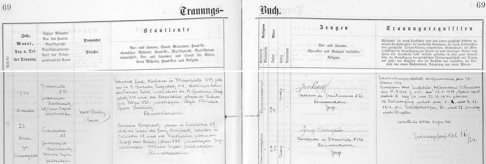 Záznam o jeho svatbě 22. listopadu 1924 na Kvildě s Hermine Burghartovou z Preisleiten (osada zanikla pod tímto německým jménem) čp. 8, dcerou tamního chalupníka Franze Burgharta a Adolphine, roz. Knoglové ze Vchynic-Tetova čp.30, svatebními svědky pak byli ženichův bratr Josef Lad (i samostatně zastoupený na webových stranách Kohoutího kříže) a revírník ve Filipově Huti Ignaz Trampus, nejmladší syn Augustina Trampuse, po němž má jméno Trampusův křížek u Březníku, zmíněný na stránkách Kohoutího kříže v textu Hanse Aschenbrennera - z nekrologu Eduarda Lada víme, že jeho žena Hermine skonala v bavorské obci Mömbris dne 30. května roku 1962 a předešla tak svou smrtí manžela o více než 20 let