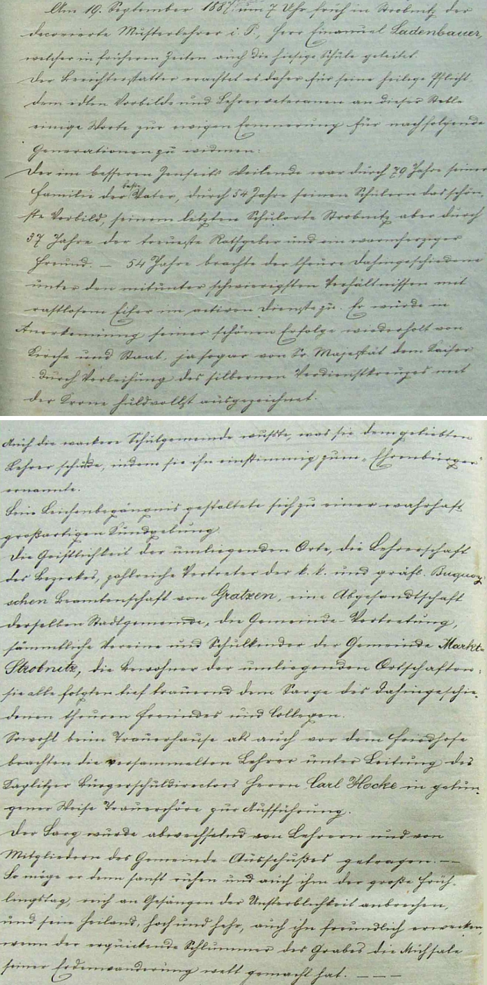 Obsáhlý záznam o úmrtí a pohřbu "vzorného učitele ve výslužbě", jeho otce Emanuela Ladenbauera z Horní Stropnice, svědčí na stránkách školní kroniky osady Šejby o významu zesnulého