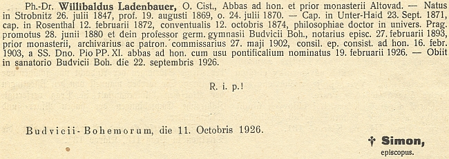 Zpráva o jeho úmrtí v ordinariátním listu českobudějovické diecéze