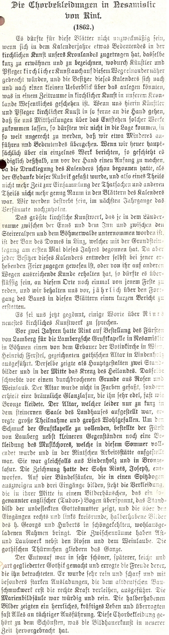 Nadšený text Adalberta Stiftera o Rintových řezbách pro lamberskou hrobku v Nezamyslicích, který vyšel roku 1863 na stránkách "Österreichischer katholischer Volkskalender", vydávaného Franzem Isidorem Proschko