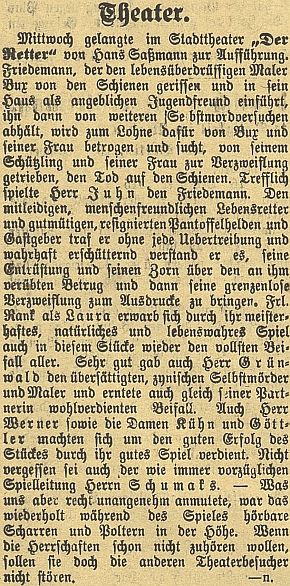 Dva texty z českobudějovického německého listu o uvedení jeho hry "Der Retter" (tj. "Zachránce") zdejším městským divadlem v prosinci válečného roku 1915