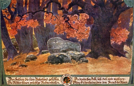 Další jeho pohlednice vybízí k pěstování dubových hájů pro památníky německých hrdinů