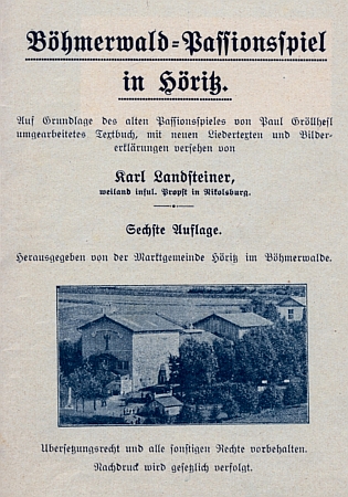 Titulní list (1933) šestého vydání Landsteinerova zpracování hořických pašijí nákladem "farní obce Hořice na Šumavě"