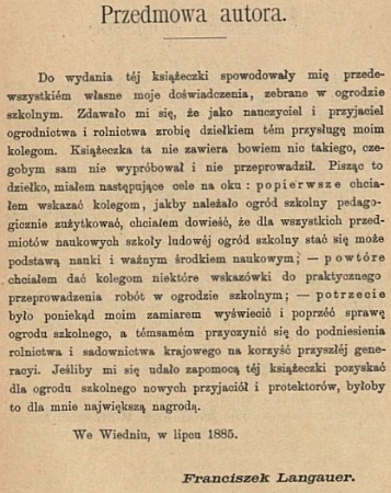 Titulní list a autorova předmluva k polském překladu jeho knihy o školní zahradě z roku 1889...