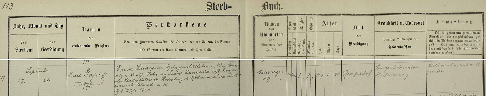 Záznam o jeho úmrtí v knize zemřelých dolnorakouské farní obce Langenlebarn