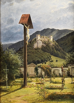Dva obrazy Josefa Langla: Pohled na hrad Taufers a Hřbitov St.Gallen a hrad Gallenstein