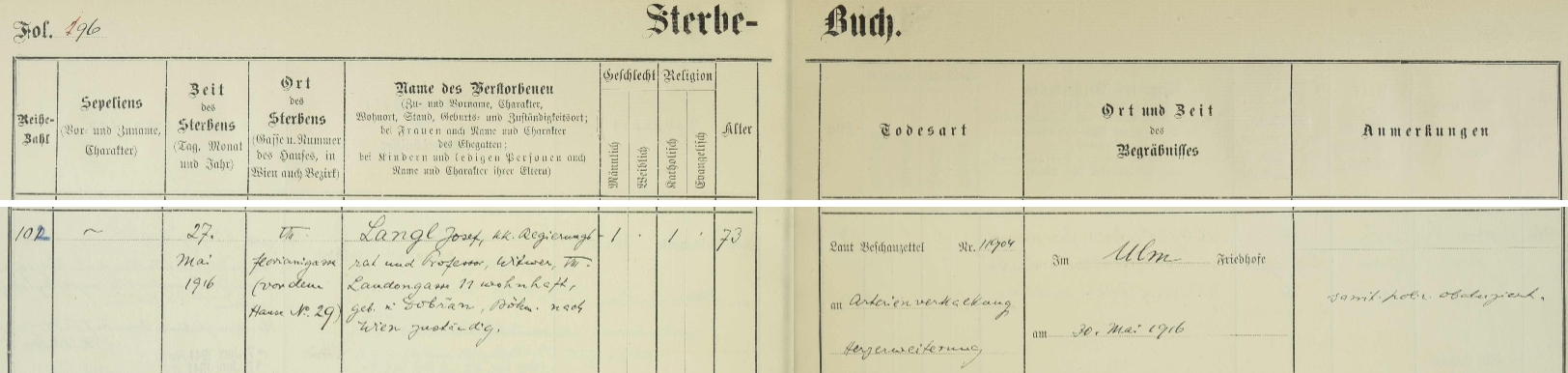 Záznam o jeho úmrtí v knize zemřelých vídeňské farnosti Maria Treu