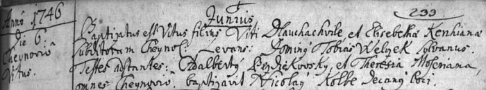 Záznam chýnovské matriky o narození a křtu jeho otce Víta Dlouhachvíle