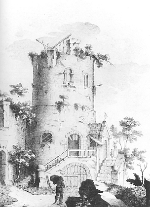 Kůň v postroji a zříceniny hradu v jeho kresbách z roku 1821
