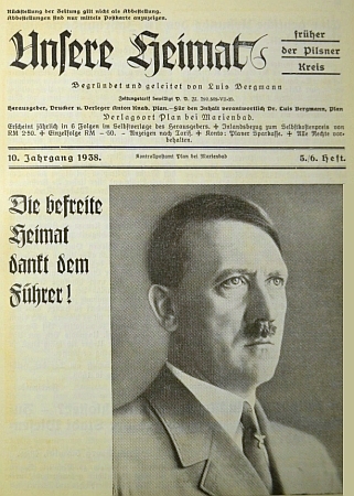 Titulní strana jednoho z čísel časopisu "Unsere Heimat", vydávaného Luisem Bergmannem v Plané u Mariánských Lázní, z pohnutých dnů roku 1938