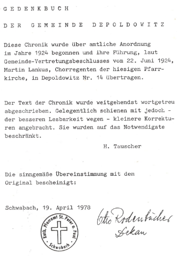Titulní list opisu děpoltické kroniky, kterou vedl, a záznamy, týkající se domu čp. 14 a obecních voleb roku 1925 (kroniku přepsal Hans Tauscher)