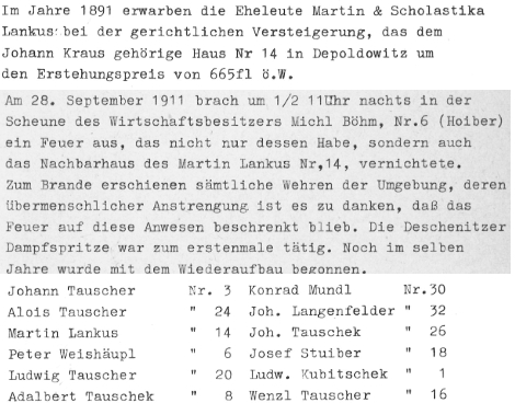 Titulní list opisu děpoltické kroniky, kterou vedl, a záznamy, týkající se domu čp. 14 a obecních voleb roku 1925 (kroniku přepsal Hans Tauscher)