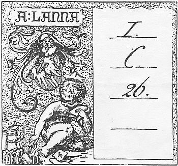 ... a Mánesovo exlibris Adalberta Lanny mladšího se zachycením znaku včetně vyznačení heraldických barev a s Mánesovou signaturou JM