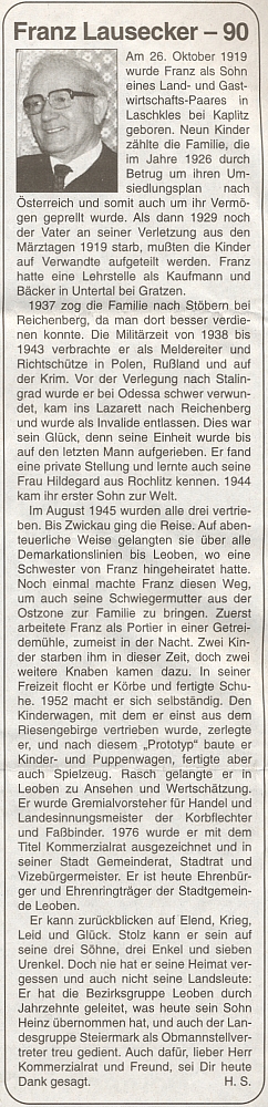 I Franz Lausecker, čestný občan rakouského města Leoben, pochází podle této zdravice k jeho devadesátinám na stránkách krajanského listu po rodičích z Blažkova u Omlenice