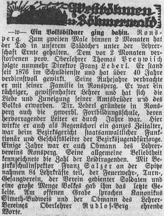 Zpráva o jeho pohřbu v plzeňských německých novinách...