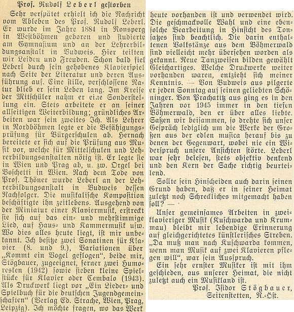 Nekrolog z pera prof. Isidora Stögbauera, který uvádí mylně jako místo Leberlova narození Poběžovice (Ronsperg, i
česky dříve Ronšperk)